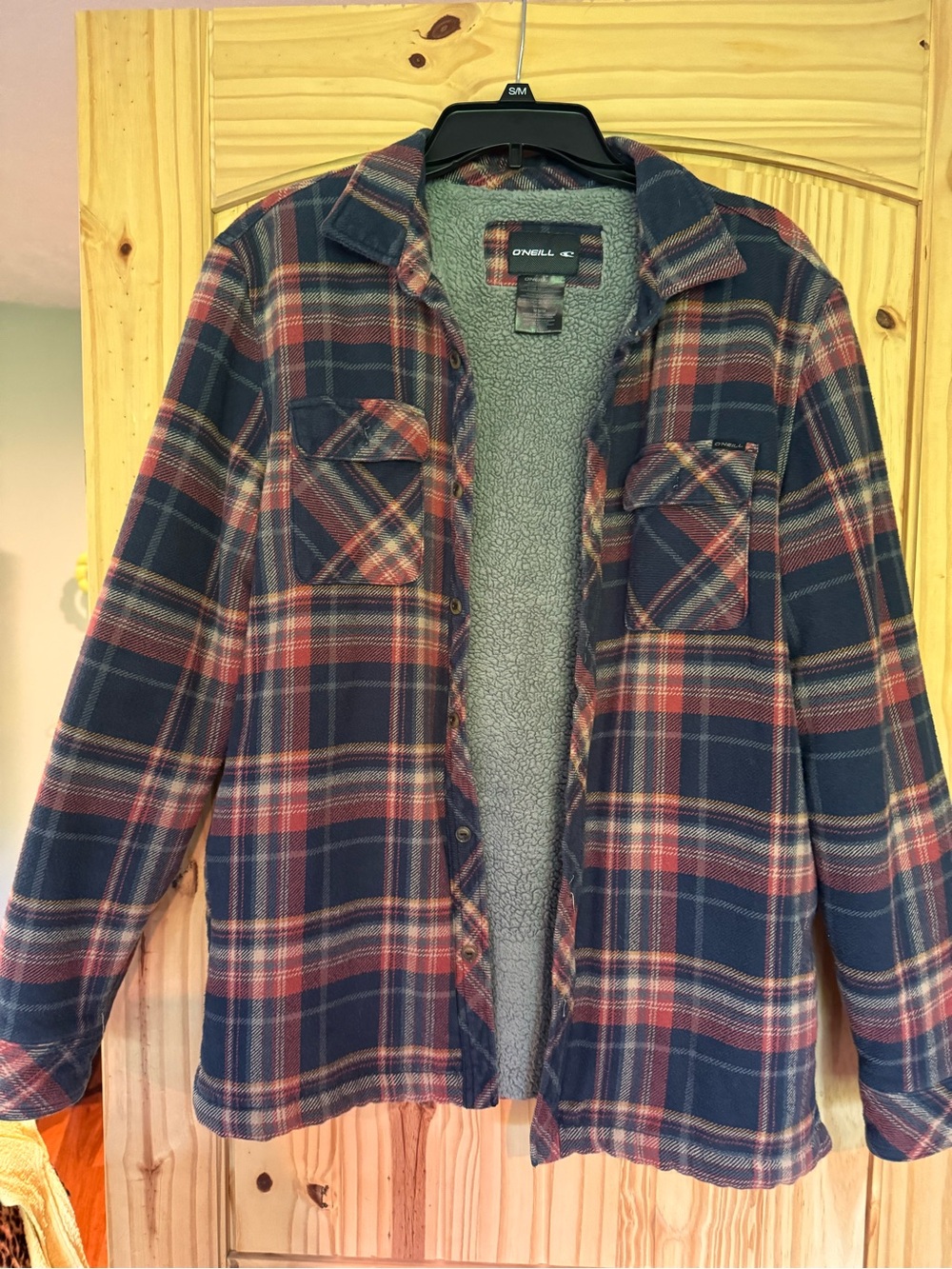 O'Neill Navy Blue and Red Plaid Sherpa-Lined Jacket